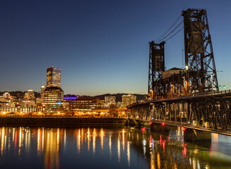 Portland, Oregon. Steel Bridge, Willamette River, and downtown.