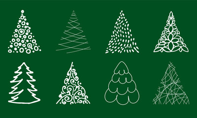 Set of different hand drawn white christmas trees isolated on dark green background