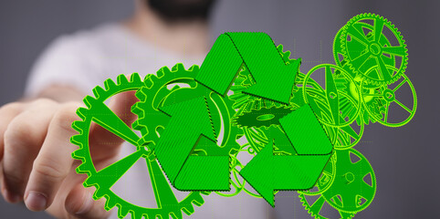 Mechanism green gears and cogs at work on black background. Industrial machinery. 3D illustration....