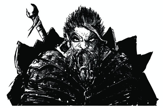 A dirty black-and-white drawing of an old dwarf with a stern look in armor and a sword on his back. he has a thick beard, gathered in a bunch.metal armor with rivets and iron plates on the back.2d art