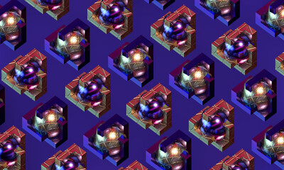 Metal spheres intertwined with golden geometric figures. Pattern with decorative background with blue and gold. 3d render