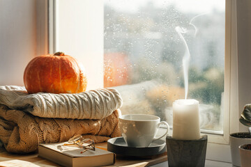 autumn morning. cozy home. warm plaid.
