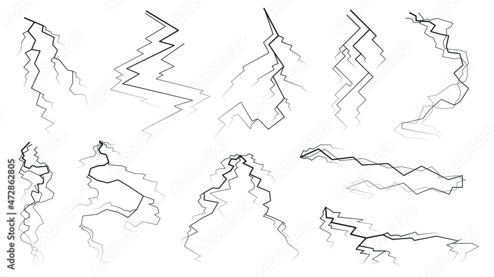 Poster set black outline simple line abstract collection lightning thunderstorm abackground light and shine
