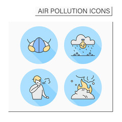  Air pollution color icons set. Acid rain, face mask, agriculture waste and trouble breathing. Isolated vector illustrations