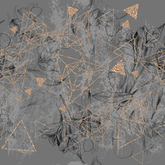 Black linear flowers on a beige background. Background from triangles. Packaging and textiles