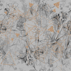 Seamless pattern on a gray grunge background. Botanical illustration. Golden triangles.
