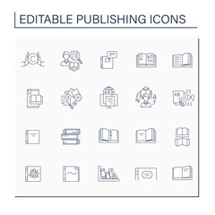 Publishing line icons set. Activity of preparing and issuing books, journals.Publishing concept. Isolated vector illustrations. Editable stroke
