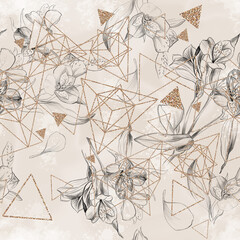 Floral and geometry seamless pattern with liliac and triangles on beige. Hand drawn line art illustration