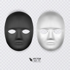 Set of masks of black and white colors on a transparent background, realistic mask, Vector format