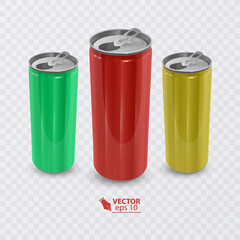 Realistic aluminum cans. Blank metallic can drink beer soda water juice packaging, empty mock up container vector template