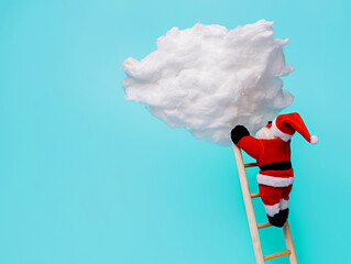 Santa Claus climbing ladder to the sky cloud against vibrant blue background. Creative Xmas or New...