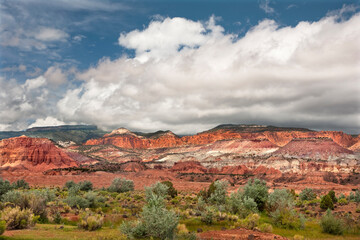 USA, Utah, Capitol Reef National Park. Storm clouds over park mountains.