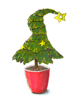 A bizarre Christmas tree with a yellow star on top of its head