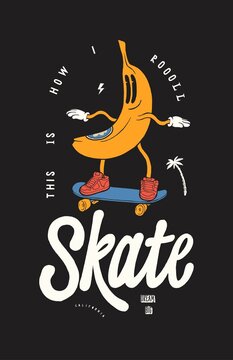 Naklejki Banana Skater. Banana character skateboarding vintage typography t-shirt print vector illustration. Tropical summer sports poster.