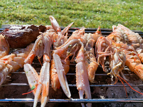 Langoustines and steak on the BBQ