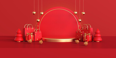 3d rendering scene of Christmas holiday concept decorate with displays podium or pedestal, tree, shop bags, and christmas ball for mockup and products presentation.
