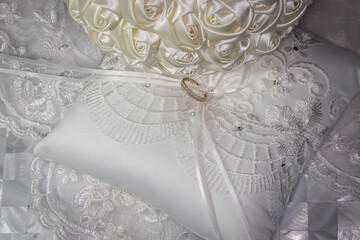 Ring Bearer Pillow with Wedding Ring on Veil and Mother of Pearl