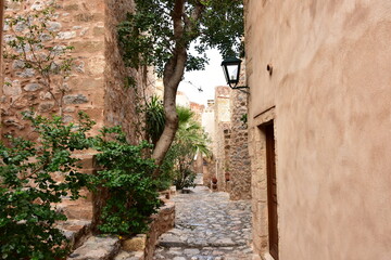 Monemvasia villagewith old houses  in ancient town, Peloponnese island in Greece