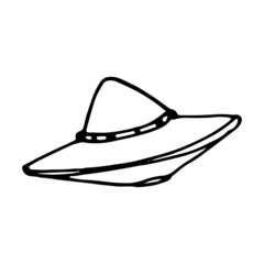 flying saucer UFO. the alien ship is hand-drawn in the style of doodles, black isolated outline on white for the cosmos series design template