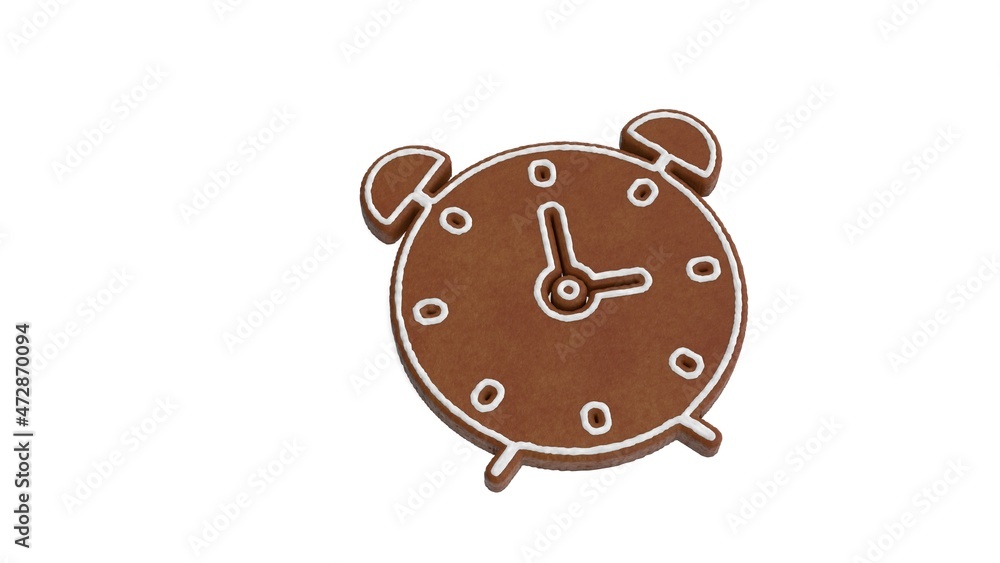 Poster 3d rendering of gingerbread symbol of alarm clock isolated on white background