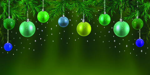 Christmas baubles on christmas tree on lights background, close up. Background with vector christmas tree branches and hanging color balls. Great for christmas cards, banners, flyers, party posters.