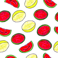 Vector drawn tropic fruits pattern, ripe exotic fruits background, cartoon vector fruits, half of watermelon, melon, juicy background