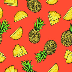 Vector drawn tropic fruits pattern, ripe exotic fruits background, cartoon vector fruits, pineapple, sliced vector pineapple background, orange