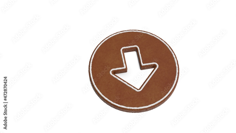 Poster 3d rendering of gingerbread symbol of down arrow in circle isolated on white background