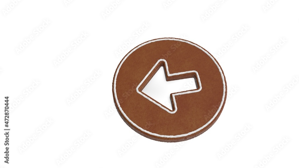 Poster 3d rendering of gingerbread symbol of left arrow in circle isolated on white background