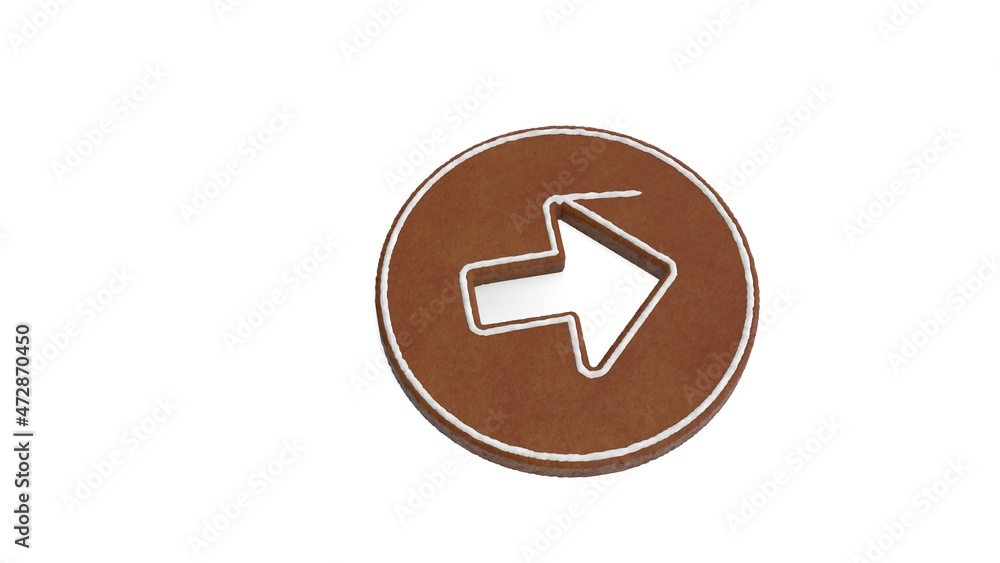 Poster 3d rendering of gingerbread symbol of right arrow in circle isolated on white background