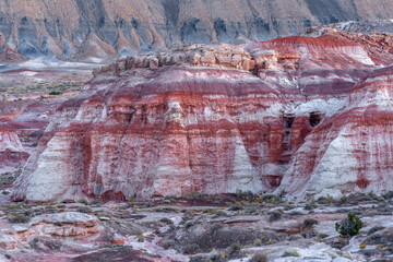 USA, Utah, Wayne County. Nearby colorful layers of bentonite clay and distant shale deposits of...