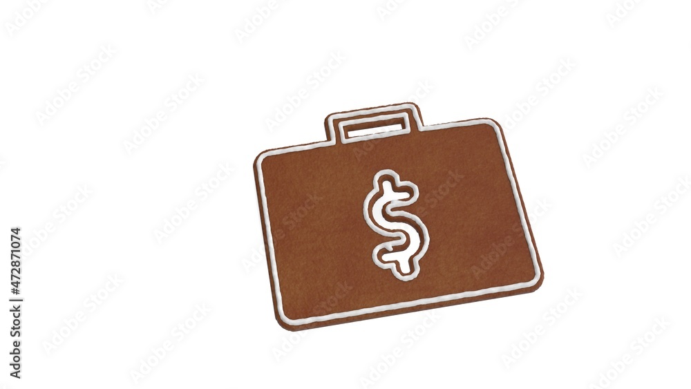 Poster 3d rendering of gingerbread symbol of briefcase with money isolated on white background