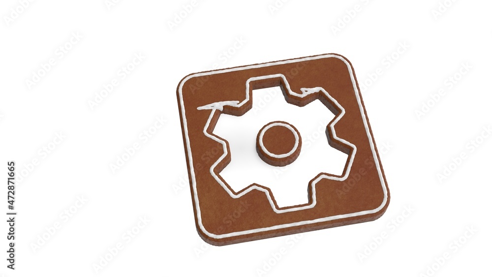 Poster 3d rendering of gingerbread symbol of cogwheel in square isolated on white background