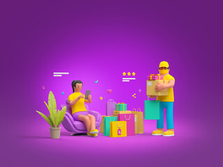 Buy Online Shopping Stay Home Delivery concept. 3D Woman with Smartphone makes Purchases from Home sitting in armchair, Courier with box, goods and gift stands nearby. CG rendering.