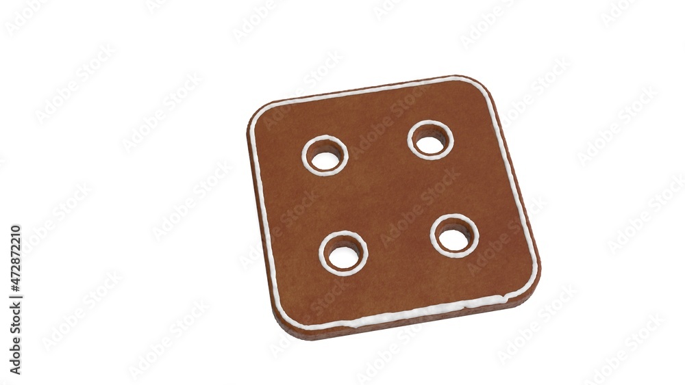Poster 3d rendering of gingerbread symbol of dice four isolated on white background