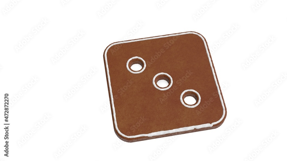 Poster 3d rendering of gingerbread symbol of dice three isolated on white background
