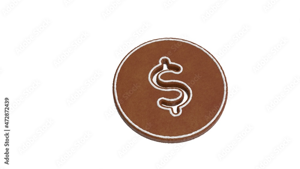 Sticker 3d rendering of gingerbread symbol of dollar isolated on white background