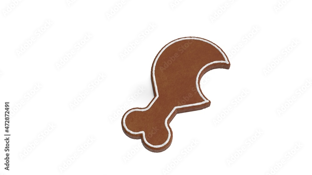 Poster 3d rendering of gingerbread symbol of drumstick bite isolated on white background