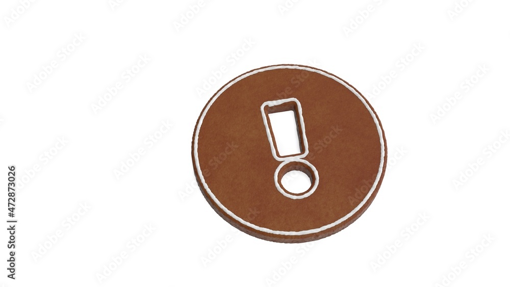 Poster 3d rendering of gingerbread symbol of exclamation circle isolated on white background