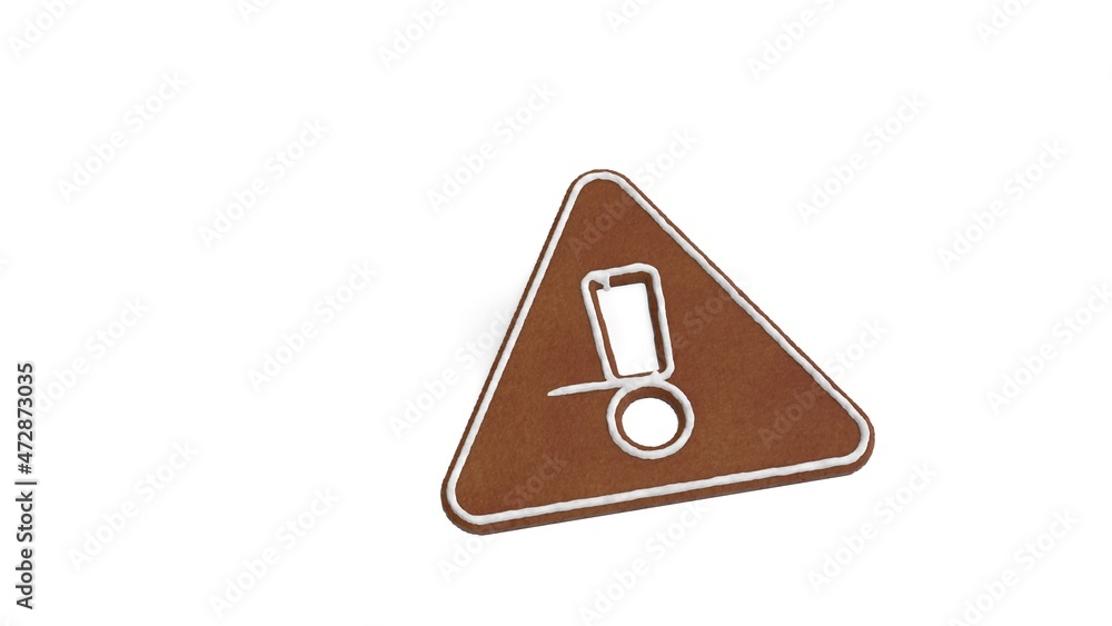 Poster 3d rendering of gingerbread symbol of exclamation triangle isolated on white background