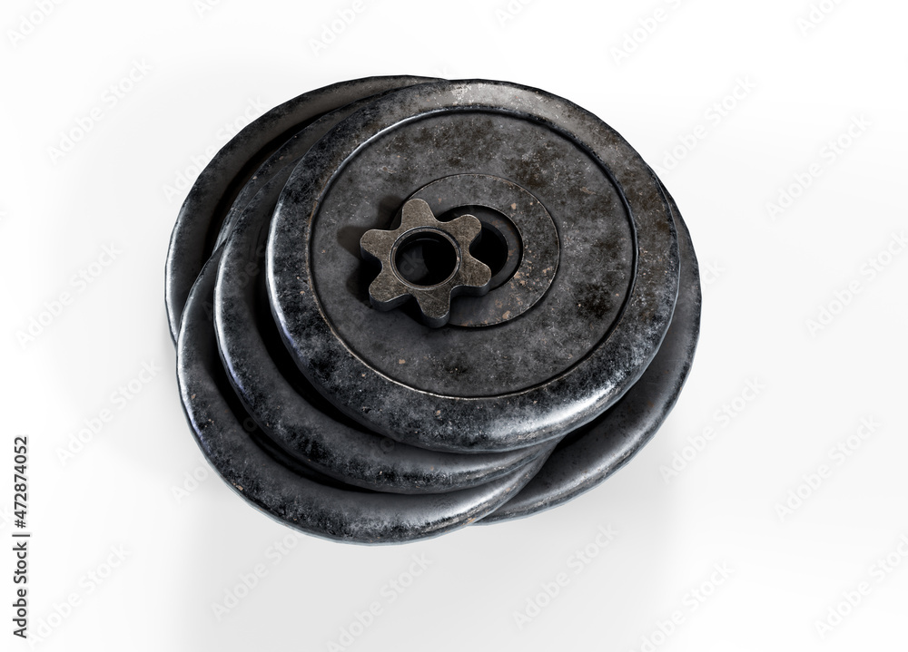 Fototapete 3d rendering of five black barbell weights of different mass hanging in one line on a white backgrou
