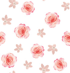 A bright floral fashion photo pattern with rose flowers a on a white background.