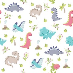 Fototapeta na wymiar Seamless vector pattern. Cute dinosaurs, volcano, twigs, predatory plant, palms. Print for children's clothing.