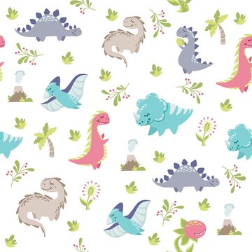 Seamless vector pattern. Cute dinosaurs, volcano, twigs, predatory plant, palms. Print for children's clothing.