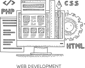 Web development - sketchy hand-drawn vector illustration. The monitor with signs HTML, CSS, PHP, ruler and pen tools.