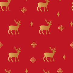 Fototapeta premium seamless Christmas pattern with deer, snowflakes on a red background. festive pattern for wallpaper, textile, fabric, gift wrapping in the new year, christmas. vector illustration