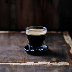 Coffee in glass cup on dark wooden background. Close up. 