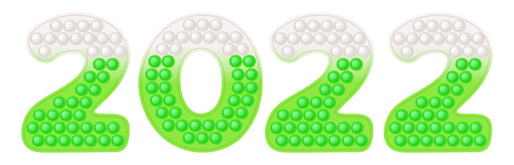 Happy New Year popit trendy fidget toys - numbers 2022 in green and white colors. Christmas anti stress colorful pop it toy. Bubble sensory fashionable popit for kids. Vector illustration isolated. - obrazy, fototapety, plakaty