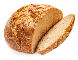 Freshly baked Bread with crumbs  isolated on white background.  Sliced, cutted wheat bread.