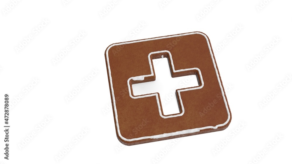 Poster 3d rendering of gingerbread symbol of plus square isolated on white background